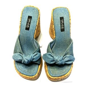 Blue denim wedges